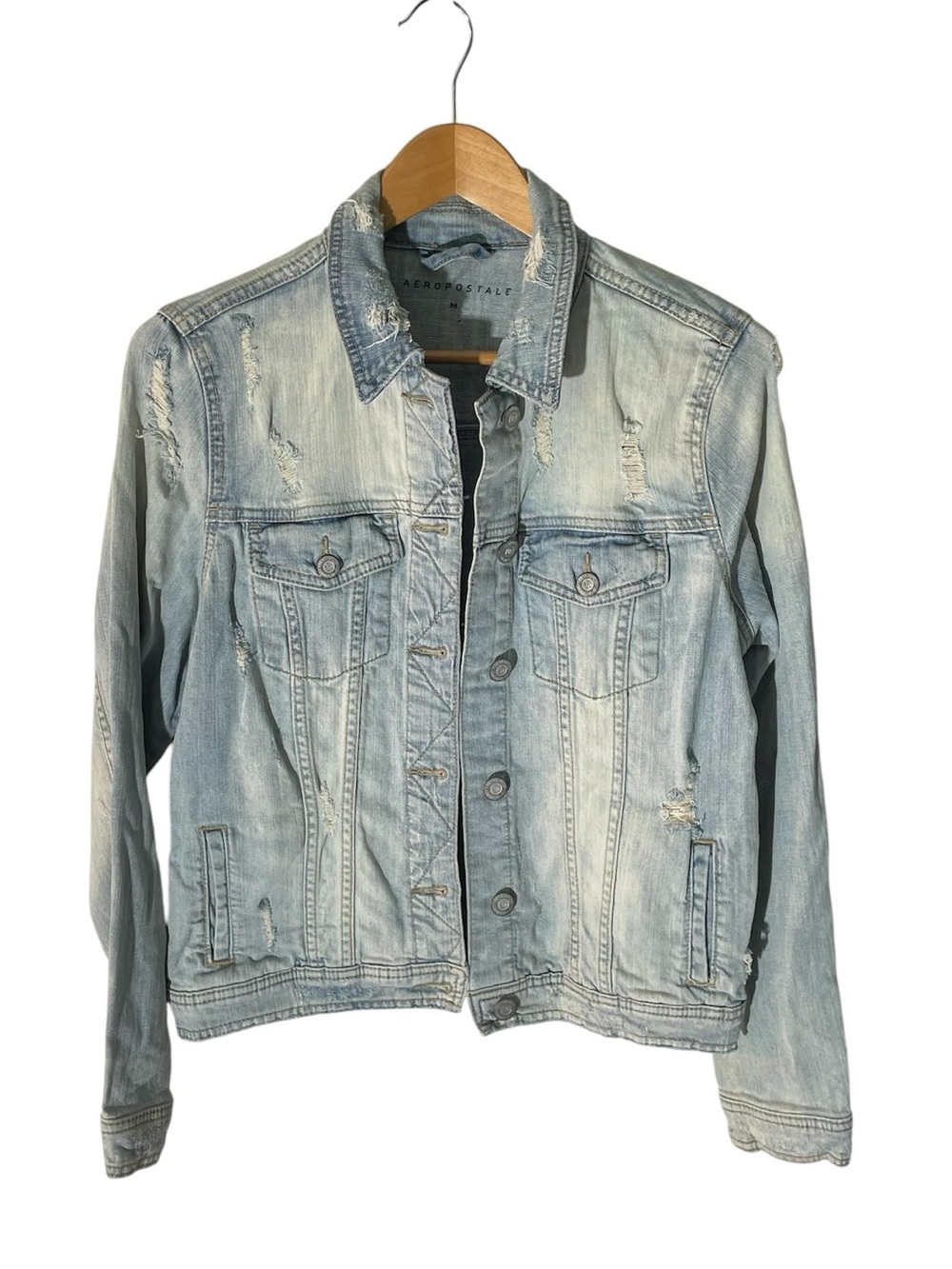 C38- Aeropostale Light Wash Distressed Denim Jacket - Blue Medium